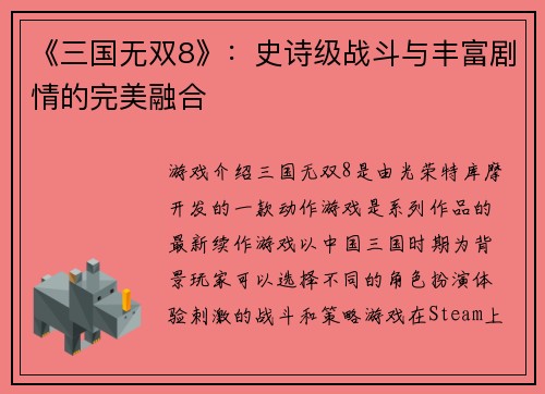 《三国无双8》：史诗级战斗与丰富剧情的完美融合