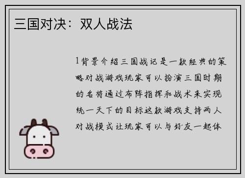 三国对决：双人战法