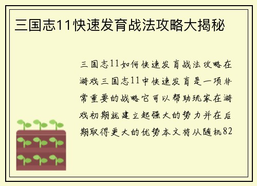 三国志11快速发育战法攻略大揭秘