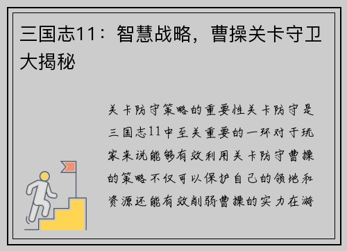 三国志11：智慧战略，曹操关卡守卫大揭秘