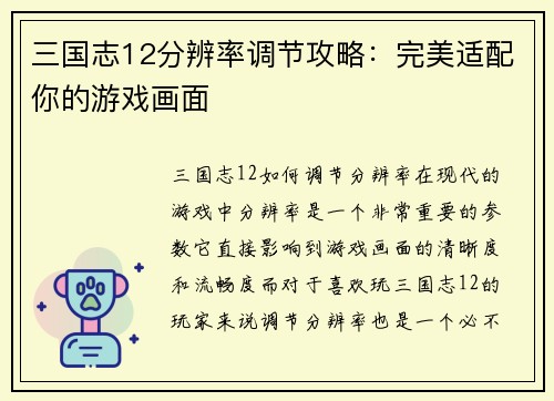 三国志12分辨率调节攻略：完美适配你的游戏画面