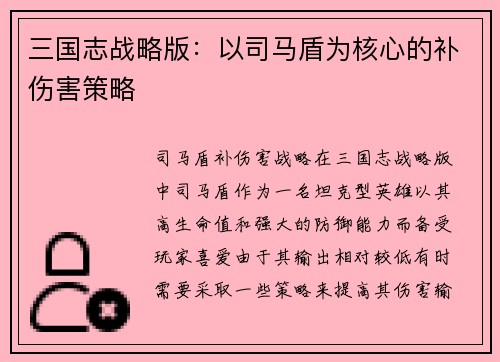 三国志战略版：以司马盾为核心的补伤害策略