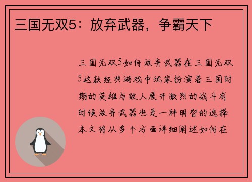 三国无双5：放弃武器，争霸天下